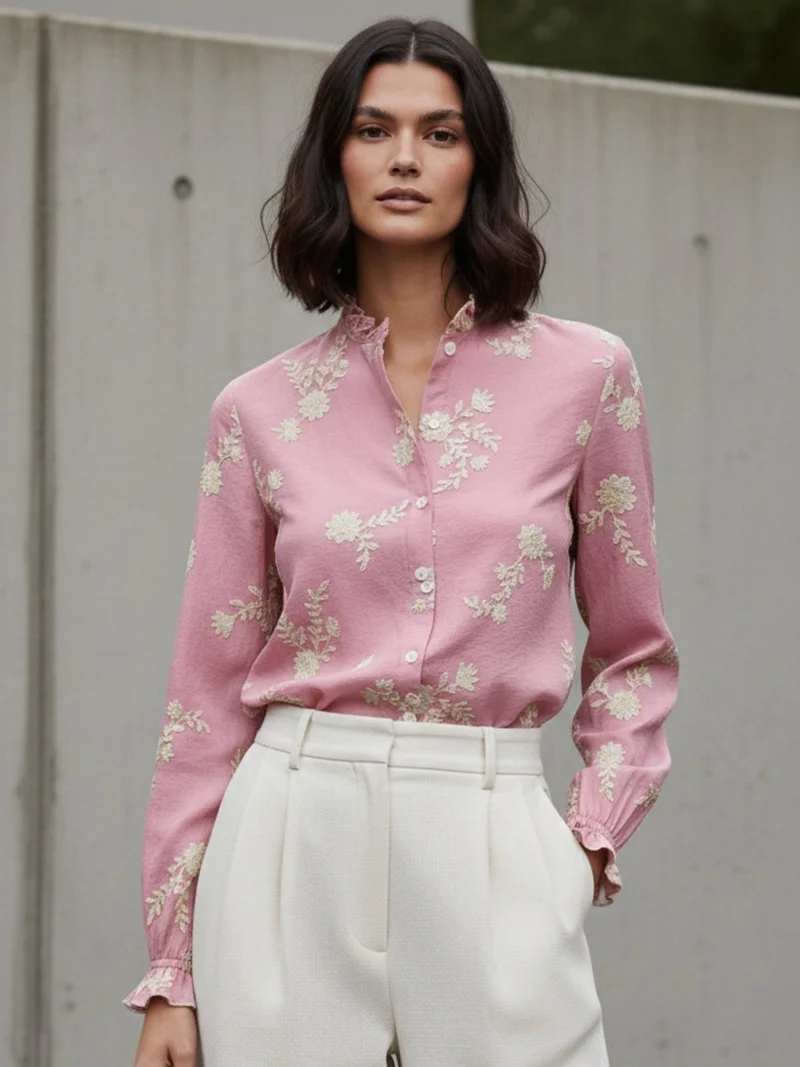 Pink Bishop Sleeve Front Buttoned Embroidered Top